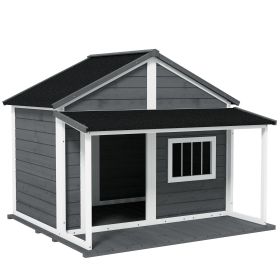 Outdoor Dog House Cabin Style for Medium/Large Dogs, Wooden Raised Pet Kennel with Asphalt Roof,Loading 53 lbs., Gray