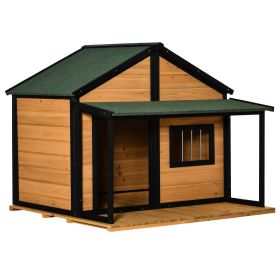 Wooden Outdoor Dog House with Porch Asphalt Roof for Medium Large Dogs Yellow