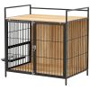 PawHut 30 Inch Dog Crate Furniture, Indoor Pet Kennel Side Table with Rotatable Bowls, 2 Anti-Escape Doors, for M Dogs, Oak