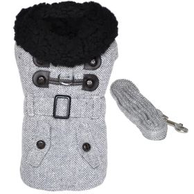 Grey Herringbone Designer Harness Coat and Matching Leash (size: large)